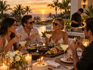 Chef preparing Taco Catering Cancun service at a private villa with grilled meats, tortillas and fresh garnishes