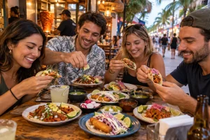 Friends sharing different tacos at a casual taquería in Playa del Carmen