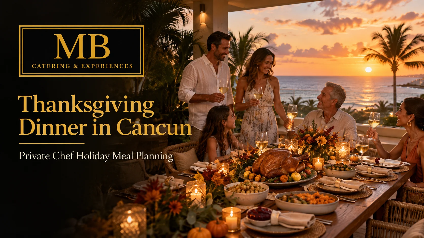 Thanksgiving dinner in Cancun set on a private villa terrace with ocean views at sunset