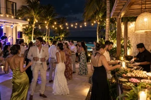 Wedding guests gathering casually at a tropical beachside celebration after dinner