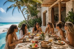 Tulum bachelorette brunch with mimosas, fresh fruit, pastries and breakfast served beside a private villa pool