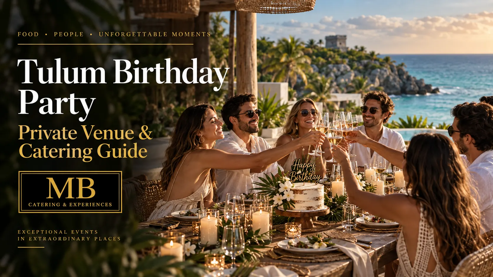 Tulum birthday party setup by the sea with a private venue and sunset celebration atmosphere