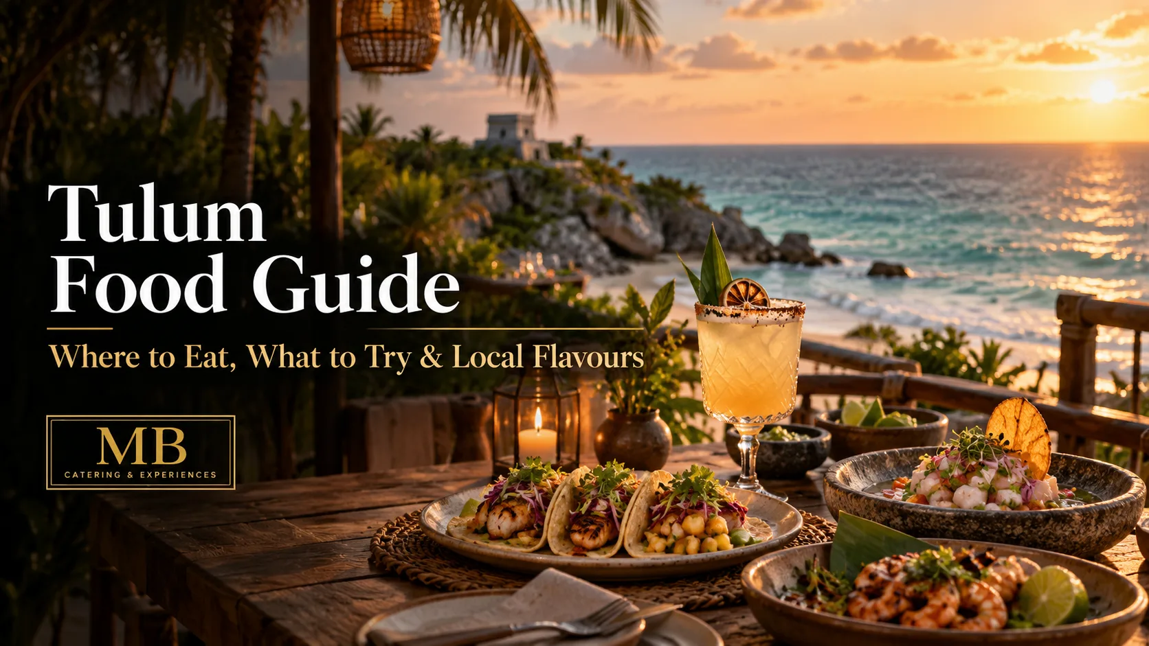 Tulum Food Guide with tacos, seafood and cocktails overlooking the Caribbean coast at sunset