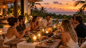 Group dinner at a Tulum villa with sunset views, candles and shared plates