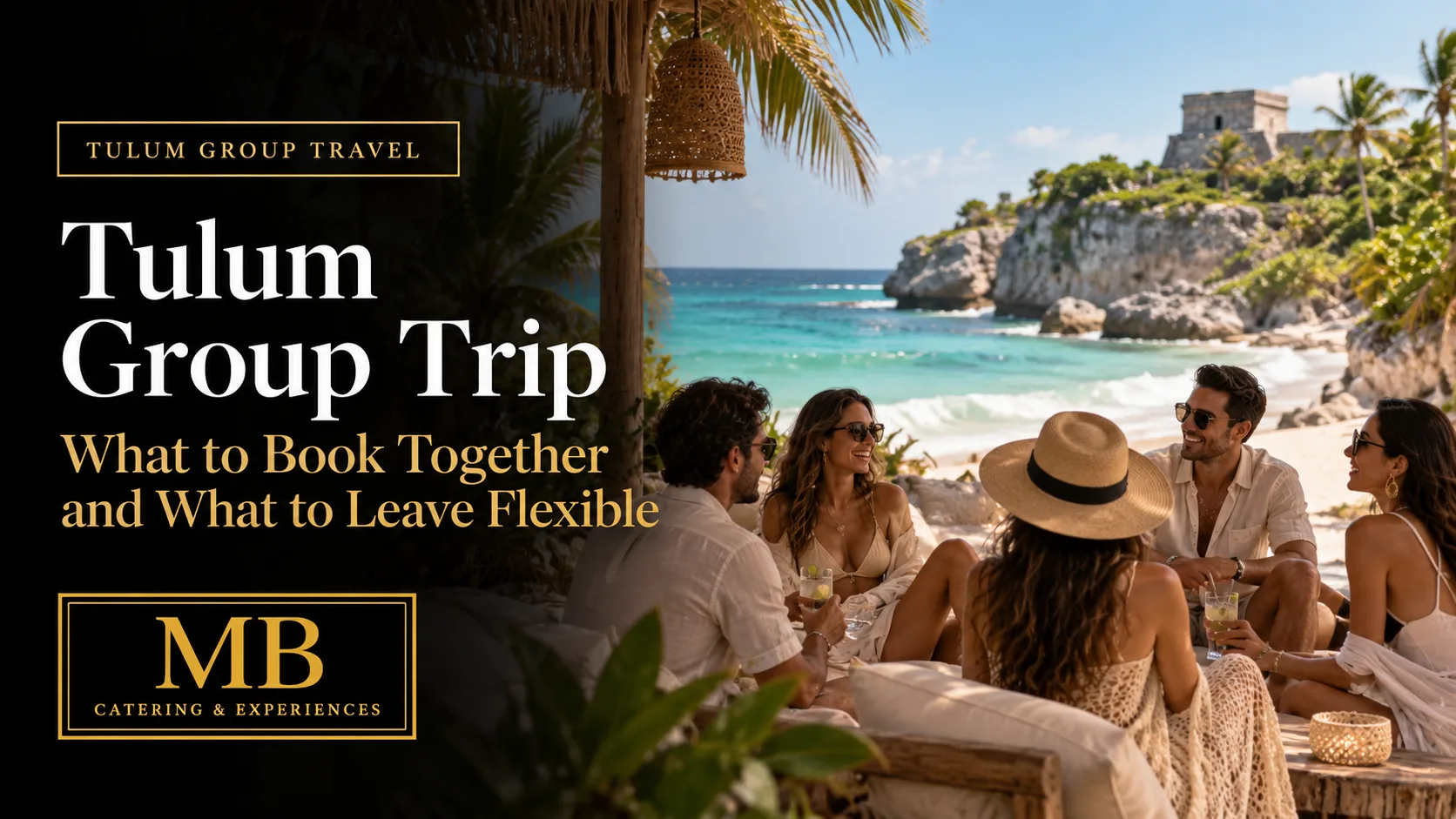 Tulum Group Trip banner showing friends relaxing by the beach with the Tulum ruins in the background