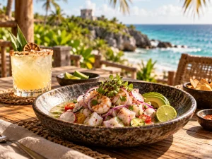 Fresh Caribbean ceviche with fish, shrimp, avocado, lime and herbs served in Tulum