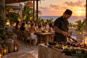 Friends enjoying a relaxed private BBQ dinner at a Tulum villa at sunset