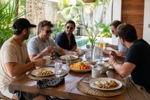 Friends having a recovery breakfast with fruit, eggs, coffee and juice at a private Tulum villa