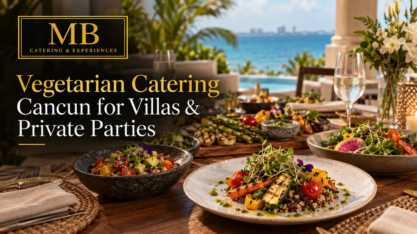 Vegetarian catering in Cancun with a shared dinner served at a villa