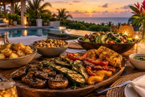 Grilled mushrooms, courgettes and corn served with chickpeas and potatoes