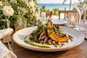 Vegetarian main course for wedding catering in the Riviera Maya with roasted squash, mushrooms and legumes