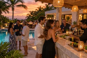 Bartender preparing cocktails for guests during an evening villa gathering in Playa del Carmen