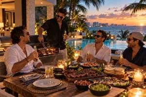 Friends enjoying steak, seafood and a live grill dinner at a Cancun villa at sunset