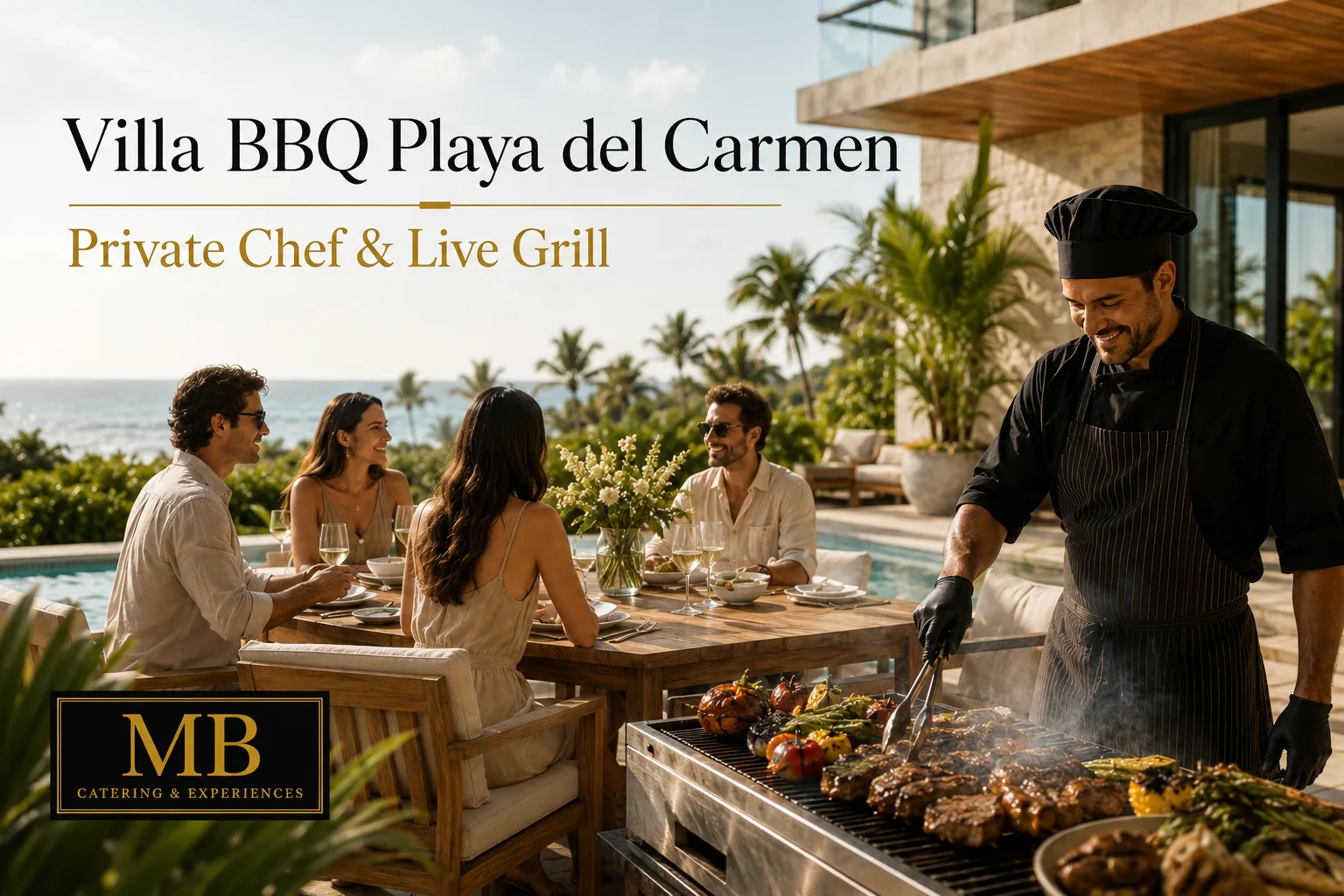 Villa BBQ Playa del Carmen with private chef and live grill service beside a luxury villa pool