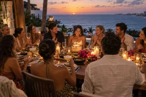 Group of friends enjoying a relaxed poolside birthday celebration at a private villa in Cancún