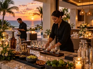 Guests enjoying a relaxed tequila tasting together at a private beachfront villa in Cancun