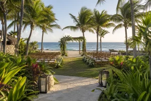 Ceremony aisle setup for villa weddings Cancun by the beach at sunset