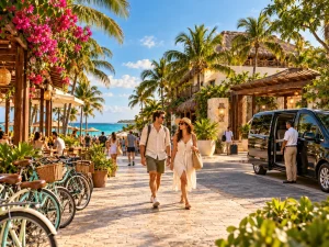 Travellers arriving at a tropical property with walkable surroundings, bikes and private transport nearby
