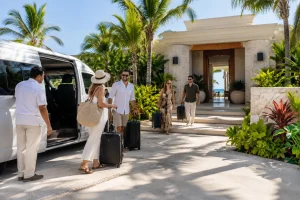 Wedding guests arriving at a Cancun villa with luggage for a wedding weekend stay