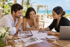 Couple reviewing venue layouts and reception arrangements before choosing a private wedding property