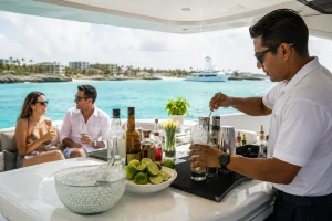 Bartender preparing fresh cocktails for guests during a private yacht charter from Playa del Carmen