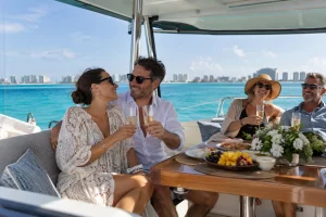 Champagne toast on a private yacht in Cancún during a milestone celebration at sea