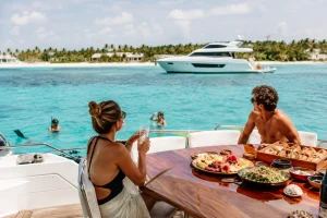 Yacht food in Playa del Carmen with fruit, fresh dishes and snacks served while guests enjoy a private charter