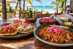 Cochinita pibil, panuchos and pickled red onion served as traditional Yucatán food