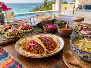Yucatecan food in Cancun with cochinita tacos, panuchos, pickled red onion, salsa and sopa de lima