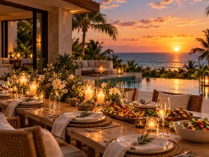 Relaxed arrival-night villa dinner with tacos, ceviche, guacamole and drinks at sunset