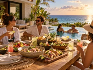 Friends enjoying a relaxed poolside lunch with fresh seafood, tacos and cocktails at a Riviera Maya villa