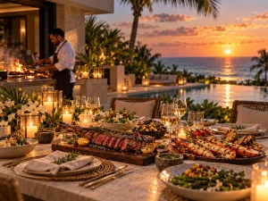 1. Private chef preparing steak and seafood for an intimate sunset dinner at a Riviera Maya villa