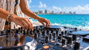 DJ setup for a private yacht party in Cancun with Caribbean water in the background