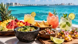 Food and cocktails prepared for a private yacht party in Cancun