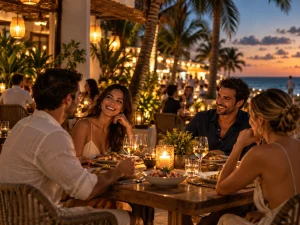 Group enjoying an evening restaurant dinner during a Riviera Maya villa vacation