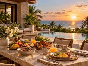Villa breakfast with eggs, fresh fruit, pastries, coffee and juice overlooking the Caribbean