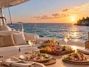 Light yacht-day food with ceviche, fresh fruit and drinks served on the Caribbean Sea