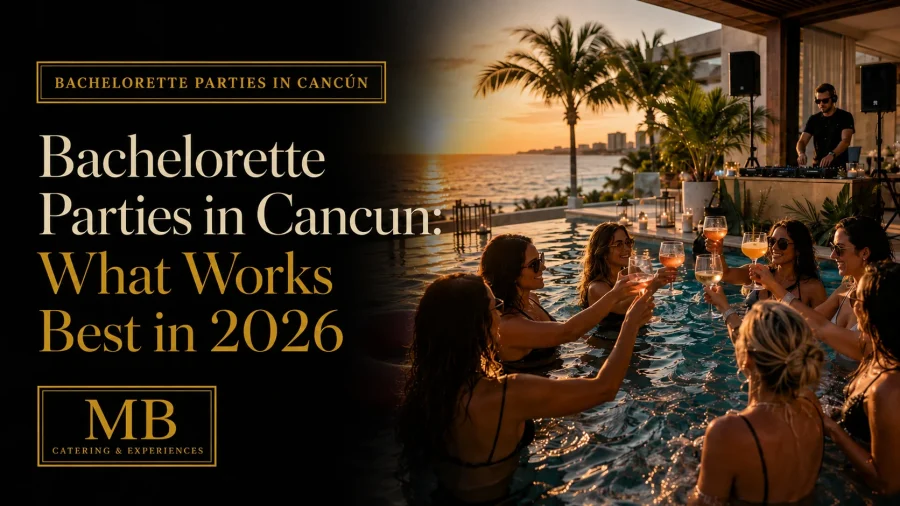 Bachelorette Parties in Cancun guide with friends celebrating around a private villa pool at sunset