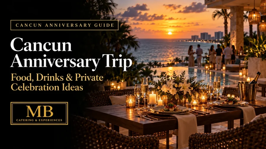 Cancun anniversary trip sunset celebration with elegant private dinner by the sea