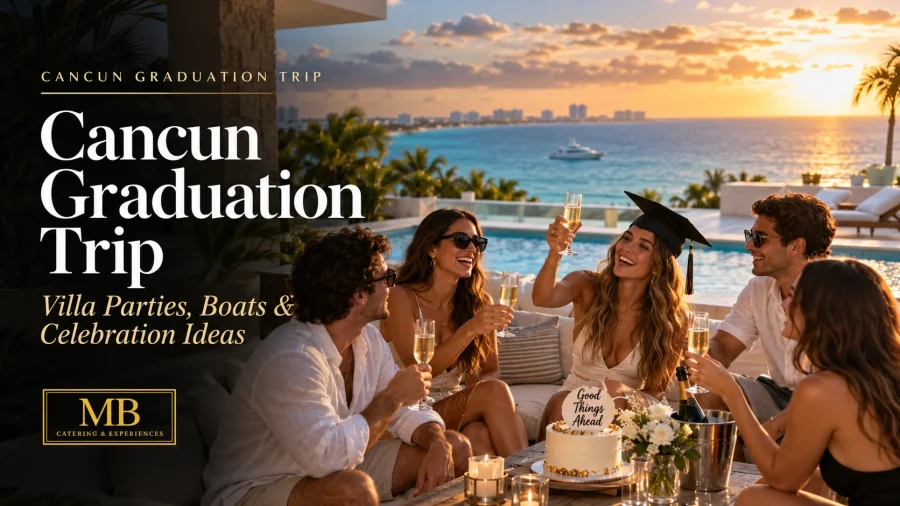 Cancun graduation trip celebration with friends at a private villa overlooking the Caribbean