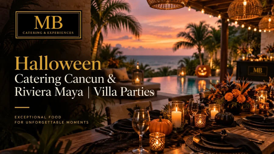 Halloween catering Cancun & Riviera Maya for a private villa party with food, candles and seasonal decorations