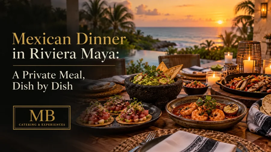Mexican dinner in Riviera Maya served at a private villa table by the sea at sunset