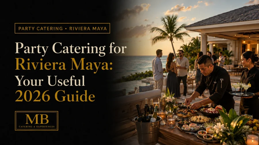 Party Catering for Riviera Maya 2026 guide with chefs serving guests at a private oceanfront villa