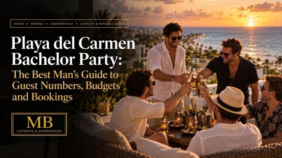 Playa del Carmen bachelor party at sunset with friends enjoying drinks and dinner overlooking the coast
