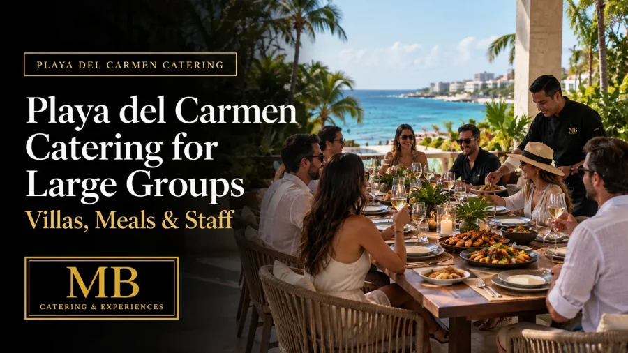 Large group villa dinner with catering staff in Playa del Carmen overlooking the Caribbean