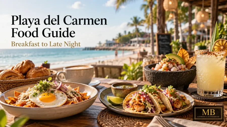 Playa del Carmen Food Guide featuring Mexican breakfast, seafood, tacos and drinks beside the Caribbean