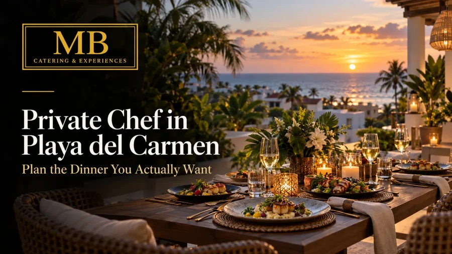 Private chef in Playa del Carmen dinner set at a tropical villa overlooking the Caribbean at sunset
