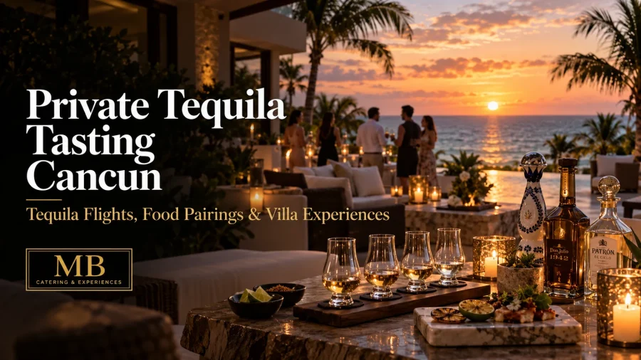 Private tequila tasting Cancun experience at a luxury oceanfront villa at sunset