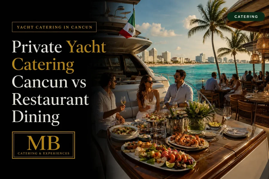 Private Yacht Catering Cancun vs restaurant dining with onboard seafood and waterfront dining