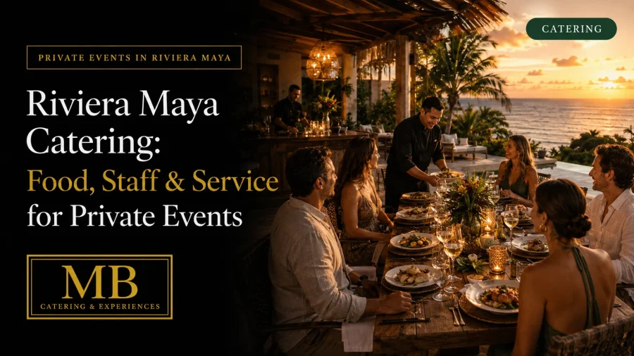 Riviera Maya Catering for private events with chef service, dining, staff and an oceanfront villa setting